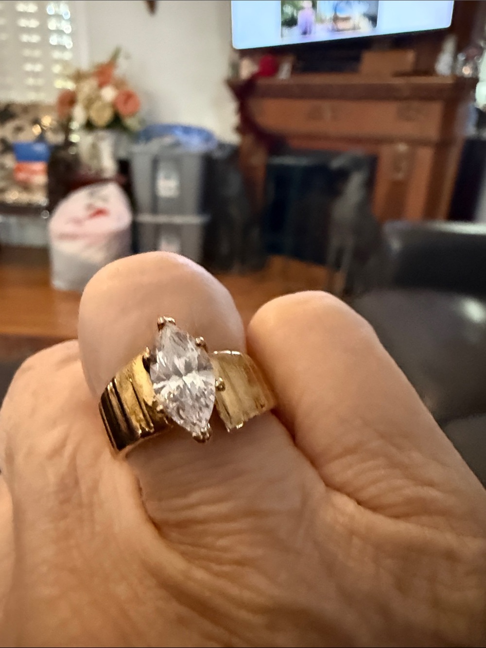 Gold-plated sterling silver ring with marquise-cut lab grown stone